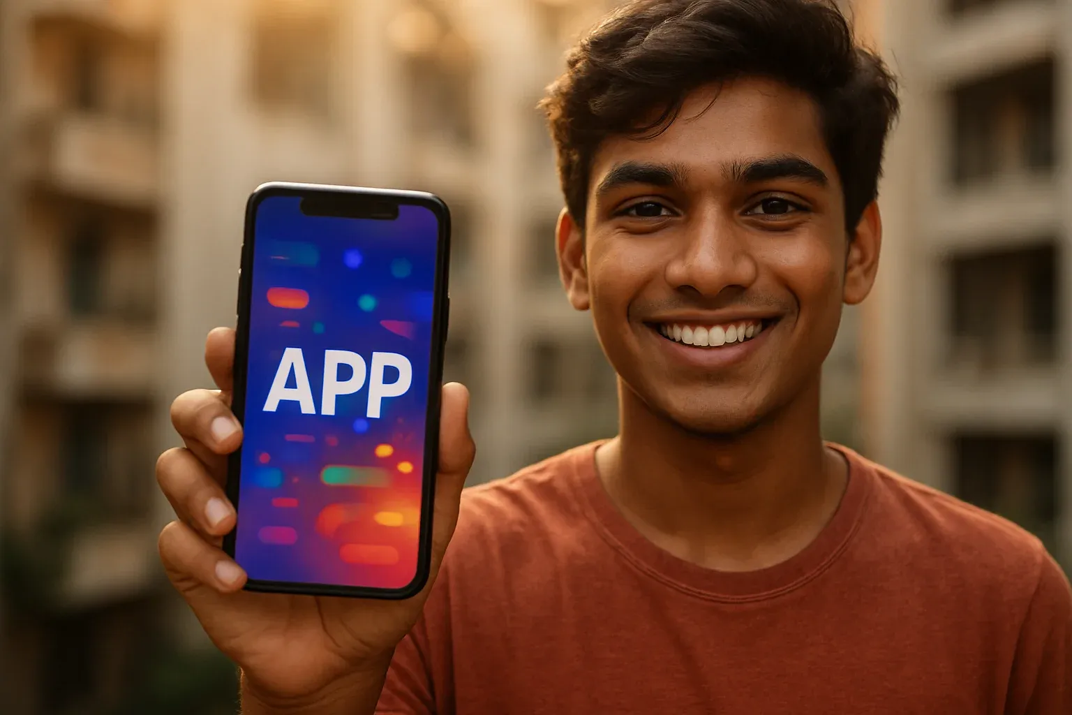 Young Bangladeshi man smiling, holding smartphone with colorful gaming app screen