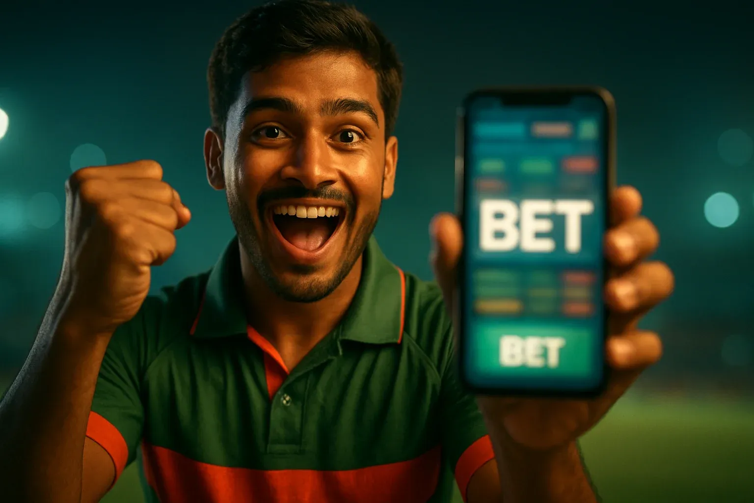 Young Bangladeshi man cheering with smartphone showing sports betting interface
