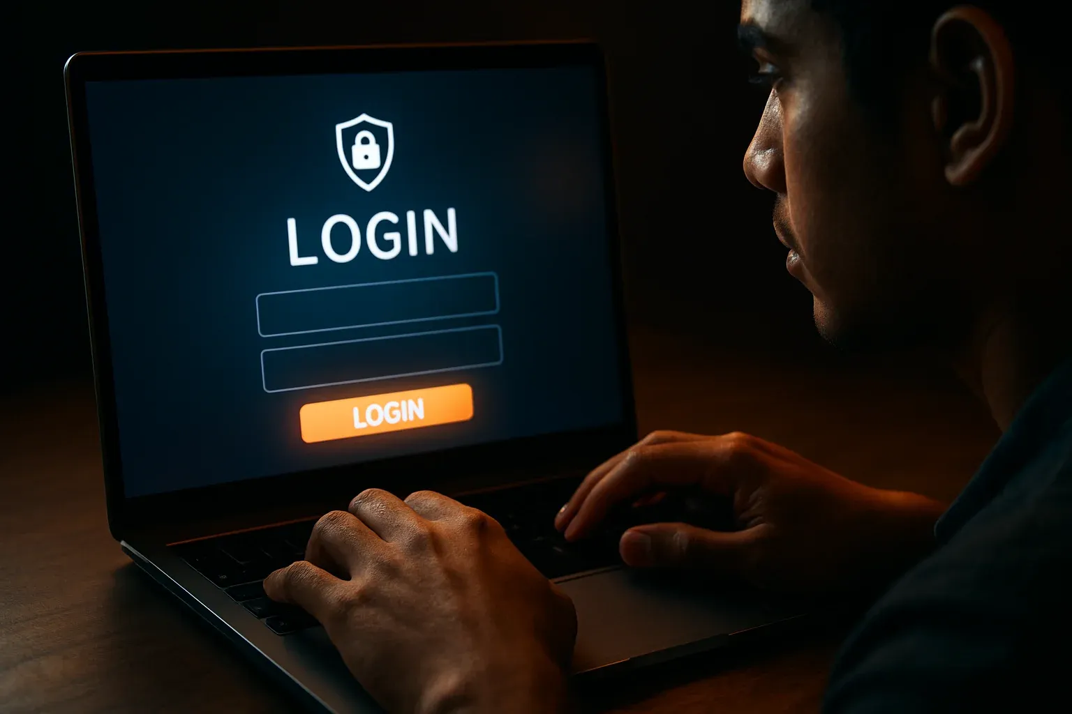 Bangladeshi man's hands on laptop showing LOGIN screen and sign-in form