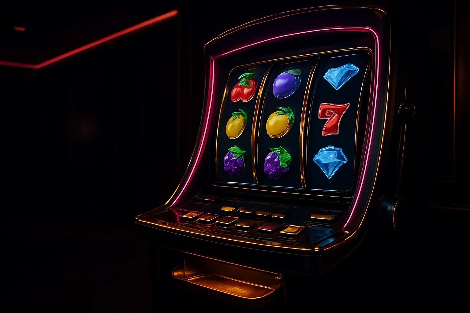 Hyperrealistic premium slot machine with glowing reels in dark luxury casino